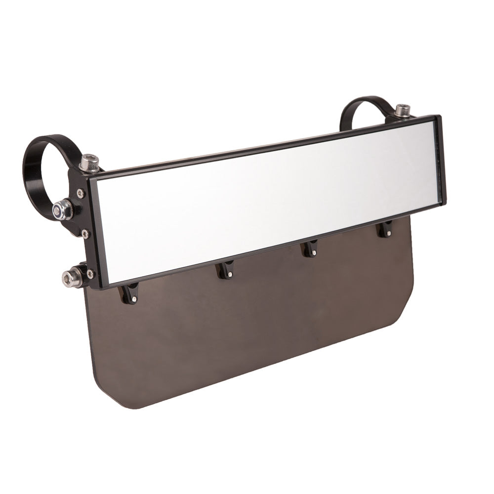 12″ Wide Panoramic Rearview Mirror with Folding Sun Visor – Solid Black Shield Front View