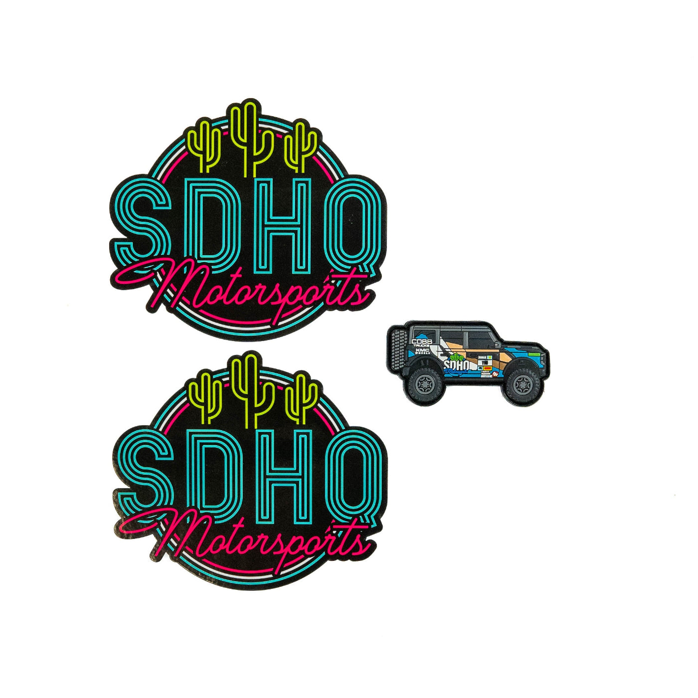 SDHQ Bronco Raptor Patch with Two SDHQ Motorsports Neon Sign Stickers
