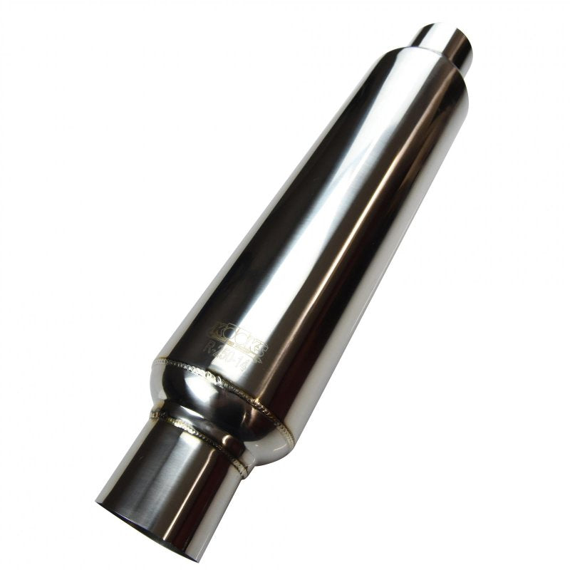 2-1/2" Round Muffler 14" Long. Polished Stainless Steel. Front View