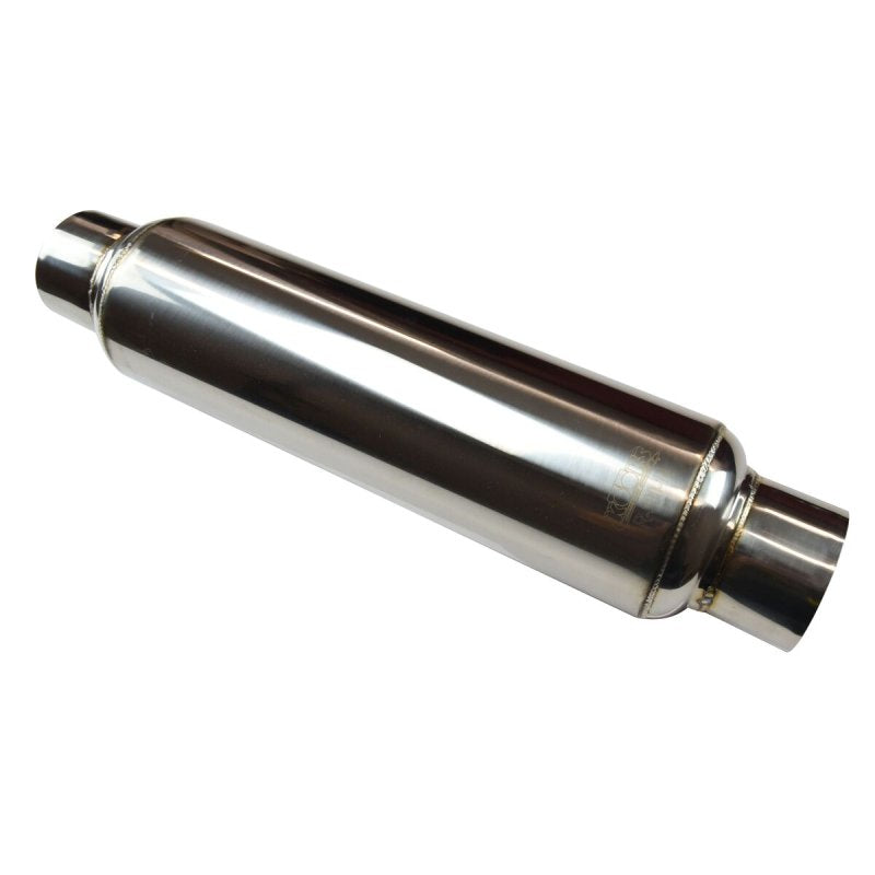 3" Round Muffler 14" Long. Polished Stainless Steel. Front View