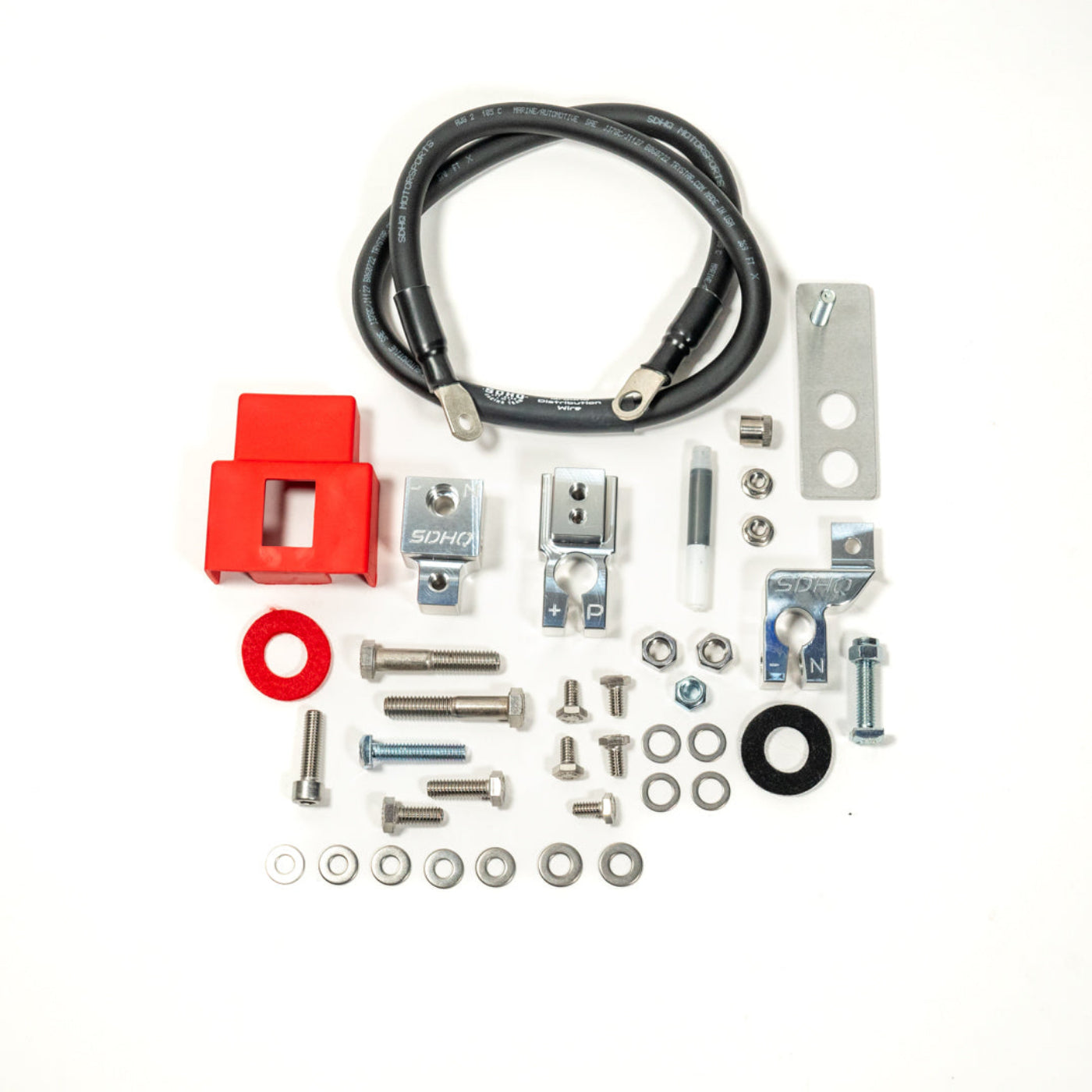 '19-25 Ram 1500 SDHQ Built Billet Battery Terminal Kit display of included parts and hardware 
