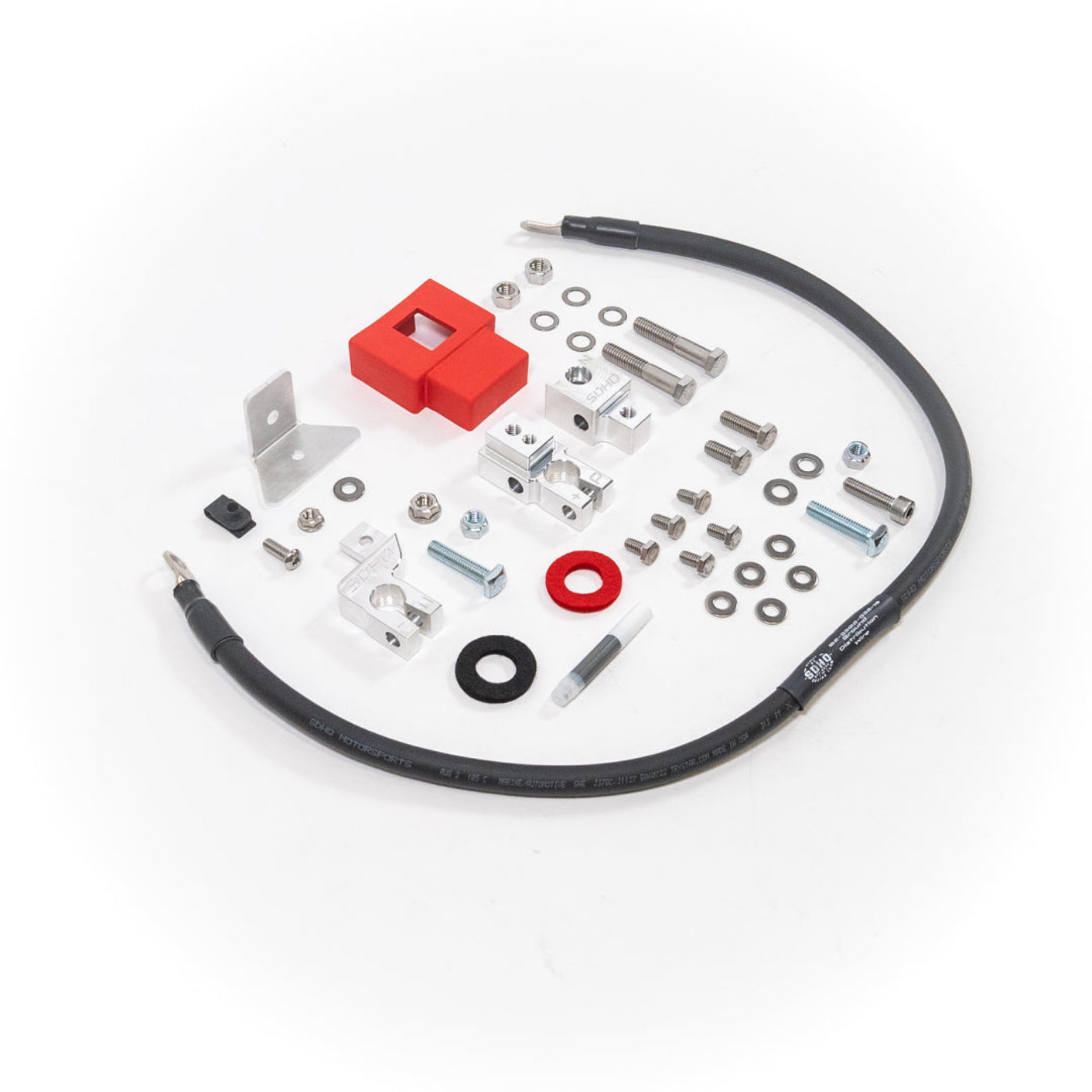 '24 Ford Ranger/Ranger Raptor Billet Battery Terminal Upgrade Kit display of included parts and hardware 