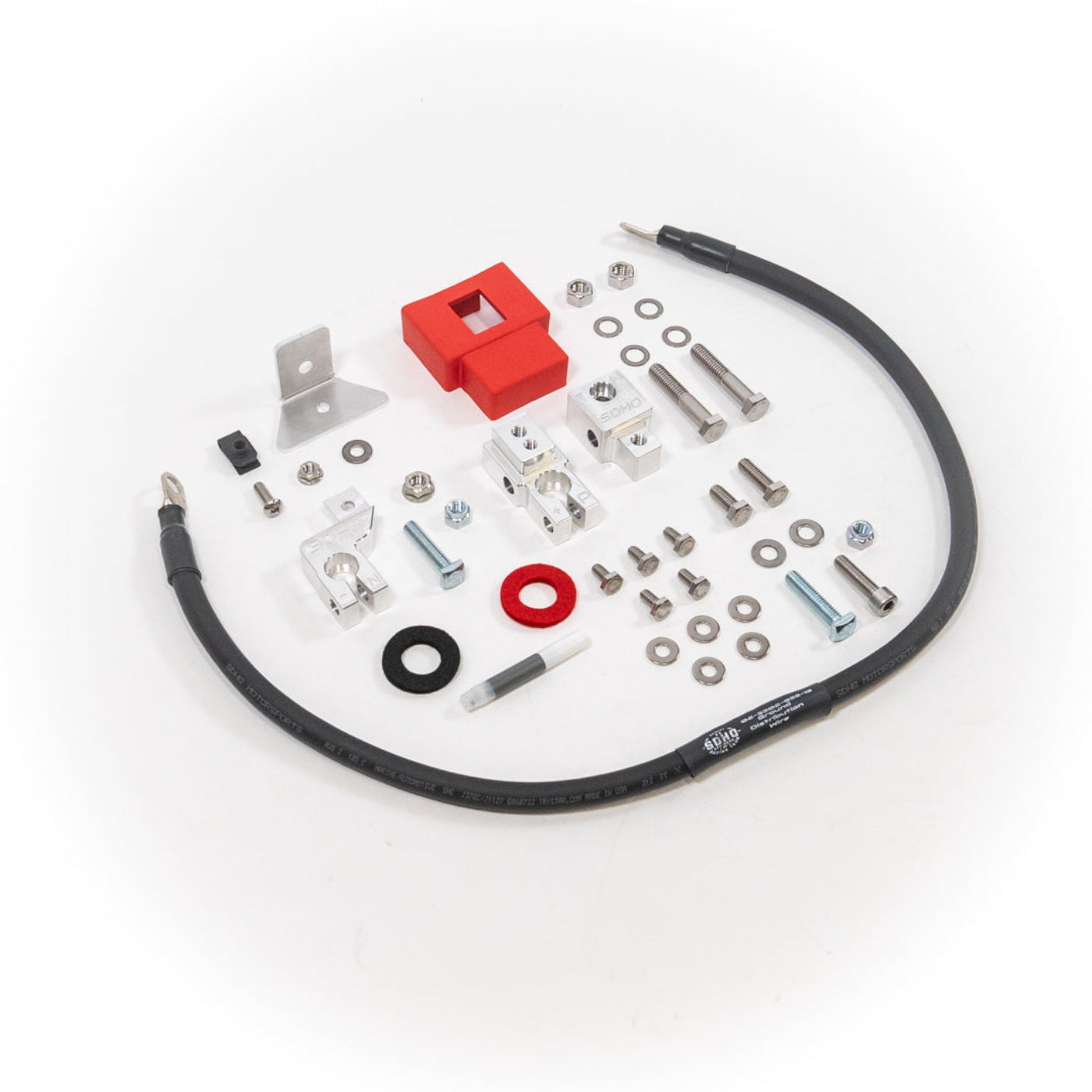 '24 Ford Ranger/Ranger Raptor Billet Battery Terminal Upgrade Kit display of included parts and hardware 