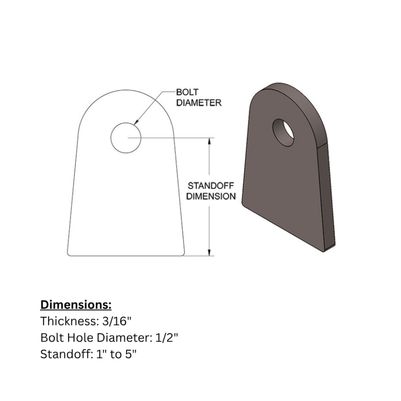 SDHQ Built Flat Tabs | 3/16" Thick, 1/2" Bolt Hole diagram