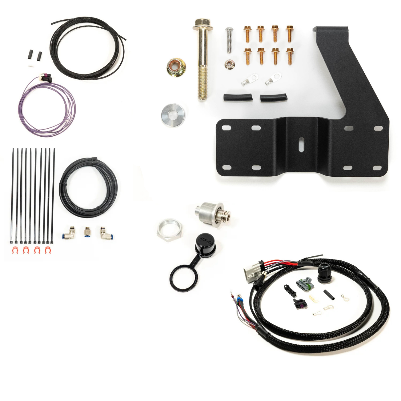 SDHQ Built '24 Tacoma Air Compressor Mount Kit display of included parts and hardware 