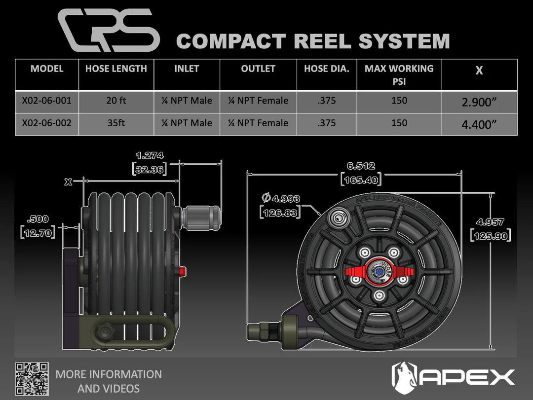 Apex Designs COMPACT REEL SYSTEM- Measurement Chart