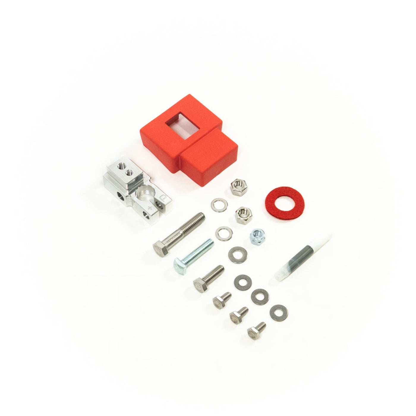 SDHQ Built Single Positive Billet Battery Terminal Kit display of included parts and hardware 
