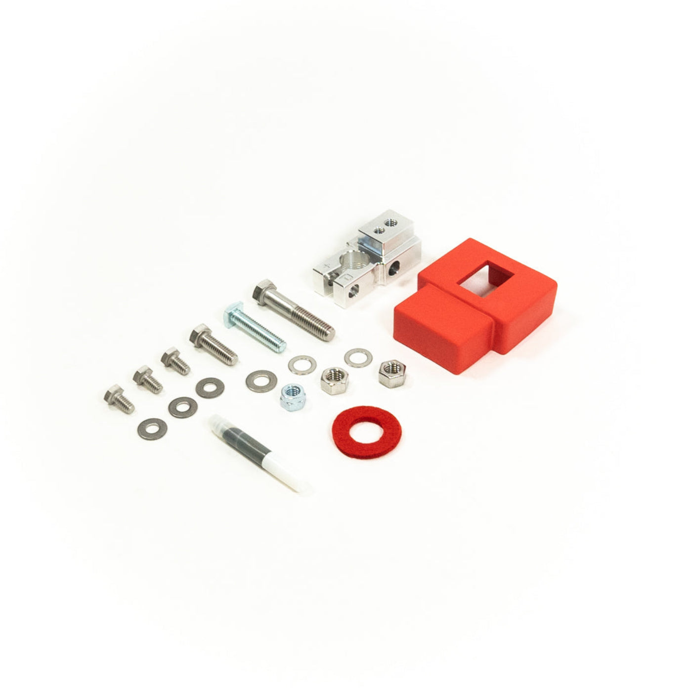 SDHQ Built Single Positive Billet Battery Terminal Kit display of included parts and hardware 