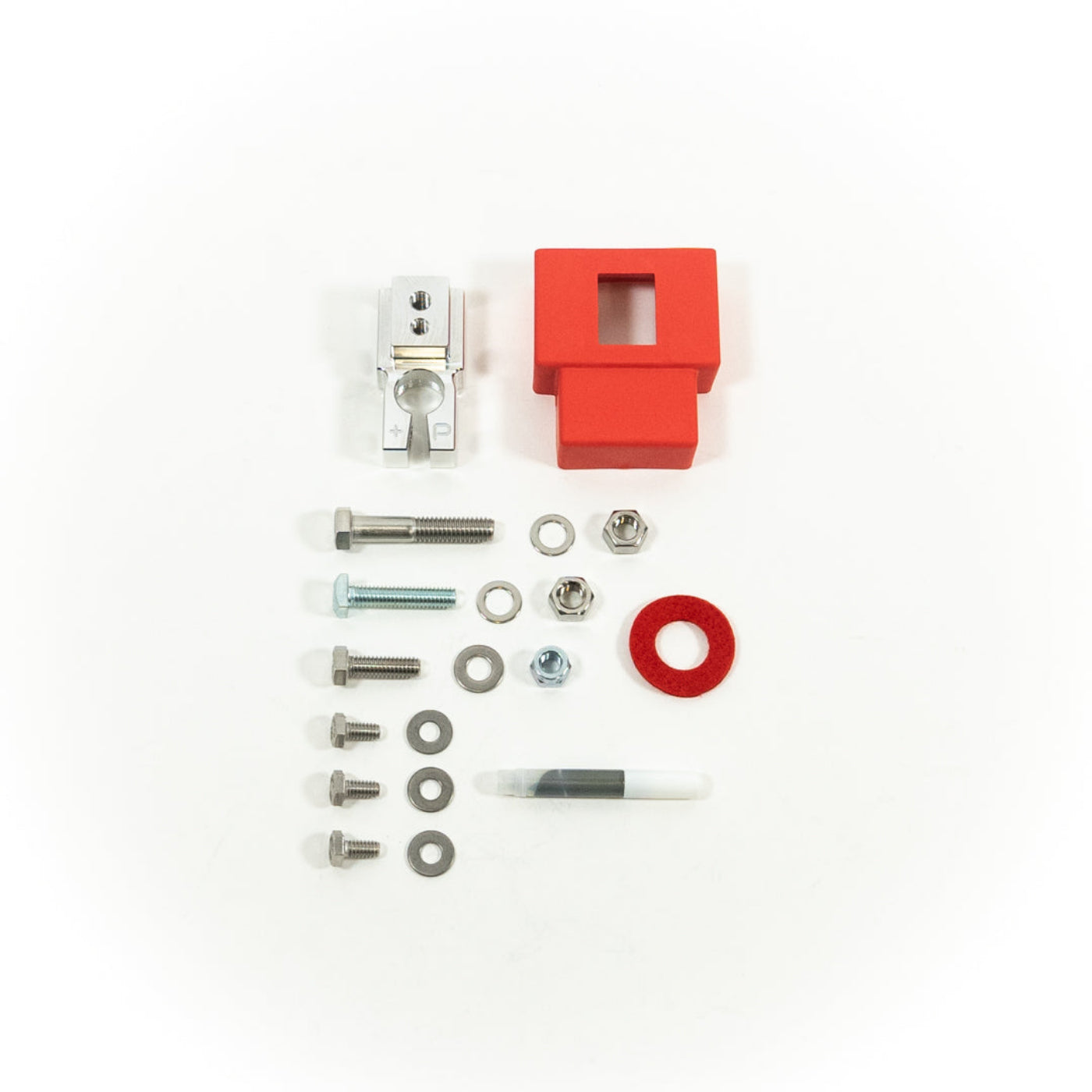 SDHQ Built Single Positive Billet Battery Terminal Kit display of included parts and hardware 