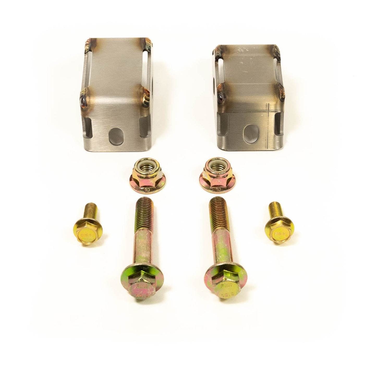 '17-25 Ford Super Duty SDHQ Built Rear Shock Guards display of included parts and hardware 