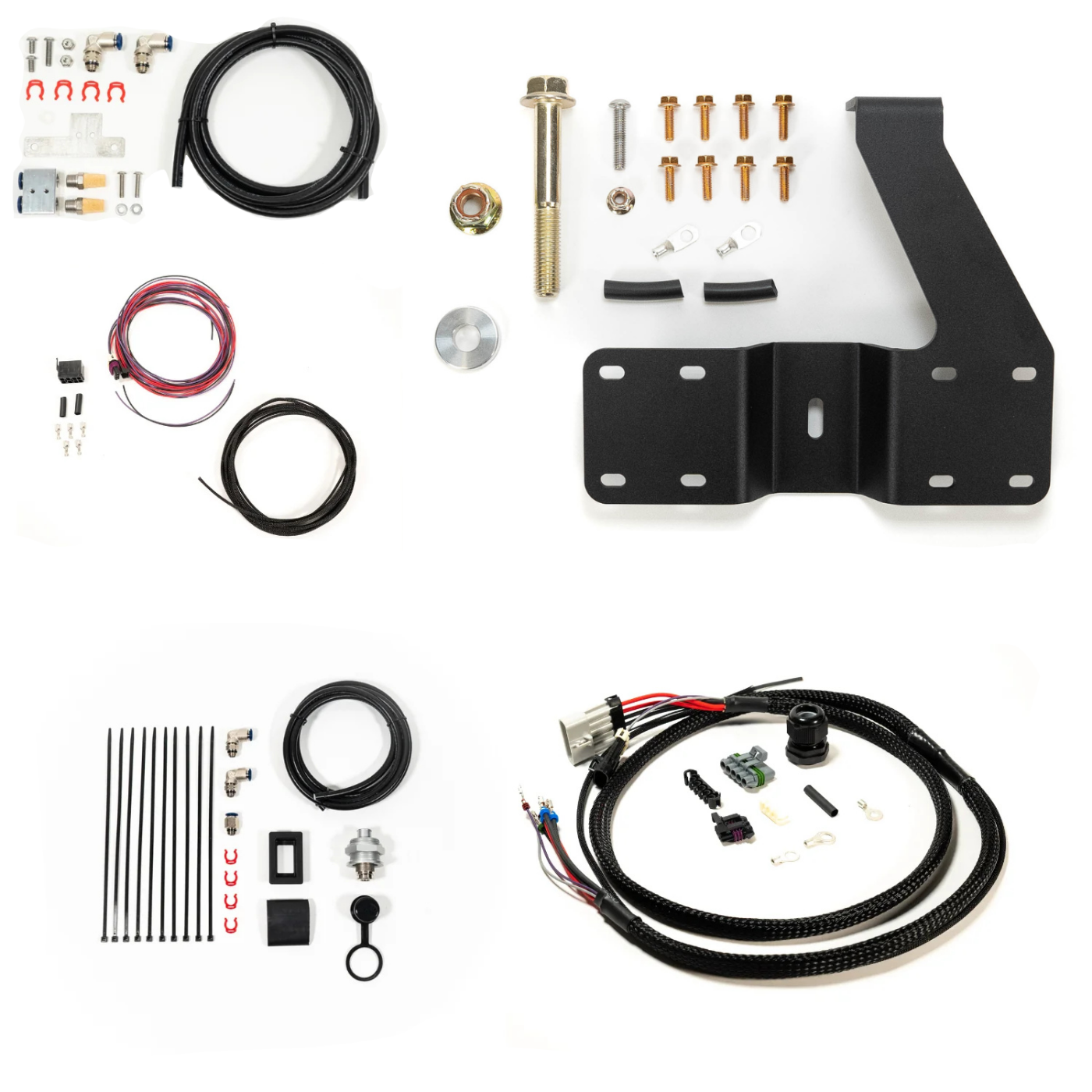 SDHQ Built '24 Tacoma Air Compressor Mount Kit display of included parts and hardware 