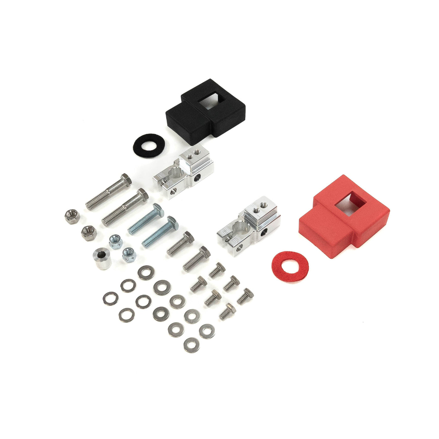 '24+ Toyota Tacoma, Non-Hybrid SDHQ Built Complete Billet Battery Terminal Kit display of included parts and hardware 