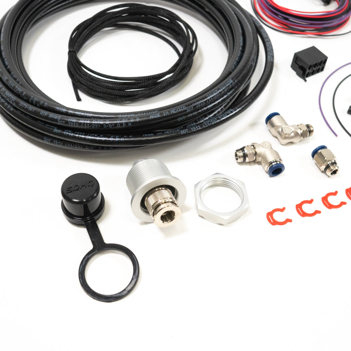 '22-24 Tundra Bulkhead Air Chuck and Switch Mounting Kit display of included parts and hardware 