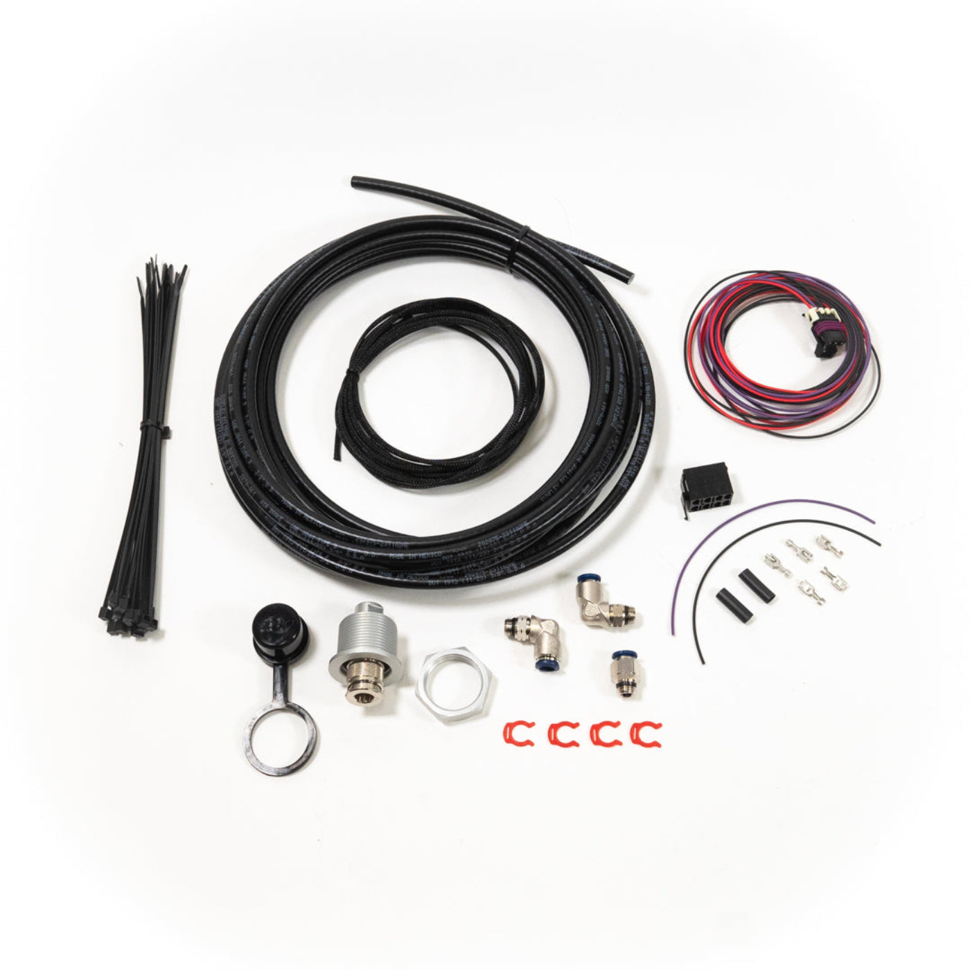 '22-24 Tundra Bulkhead Air Chuck and Switch Mounting Kit display of included parts and hardware 