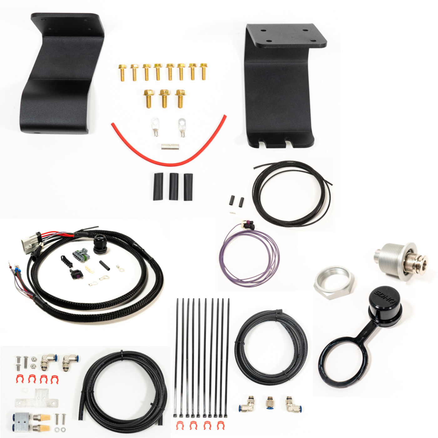 SDHQ Built '22-25 Tundra ARB Twin Compressor Mounting Kit display of included parts and hardware 