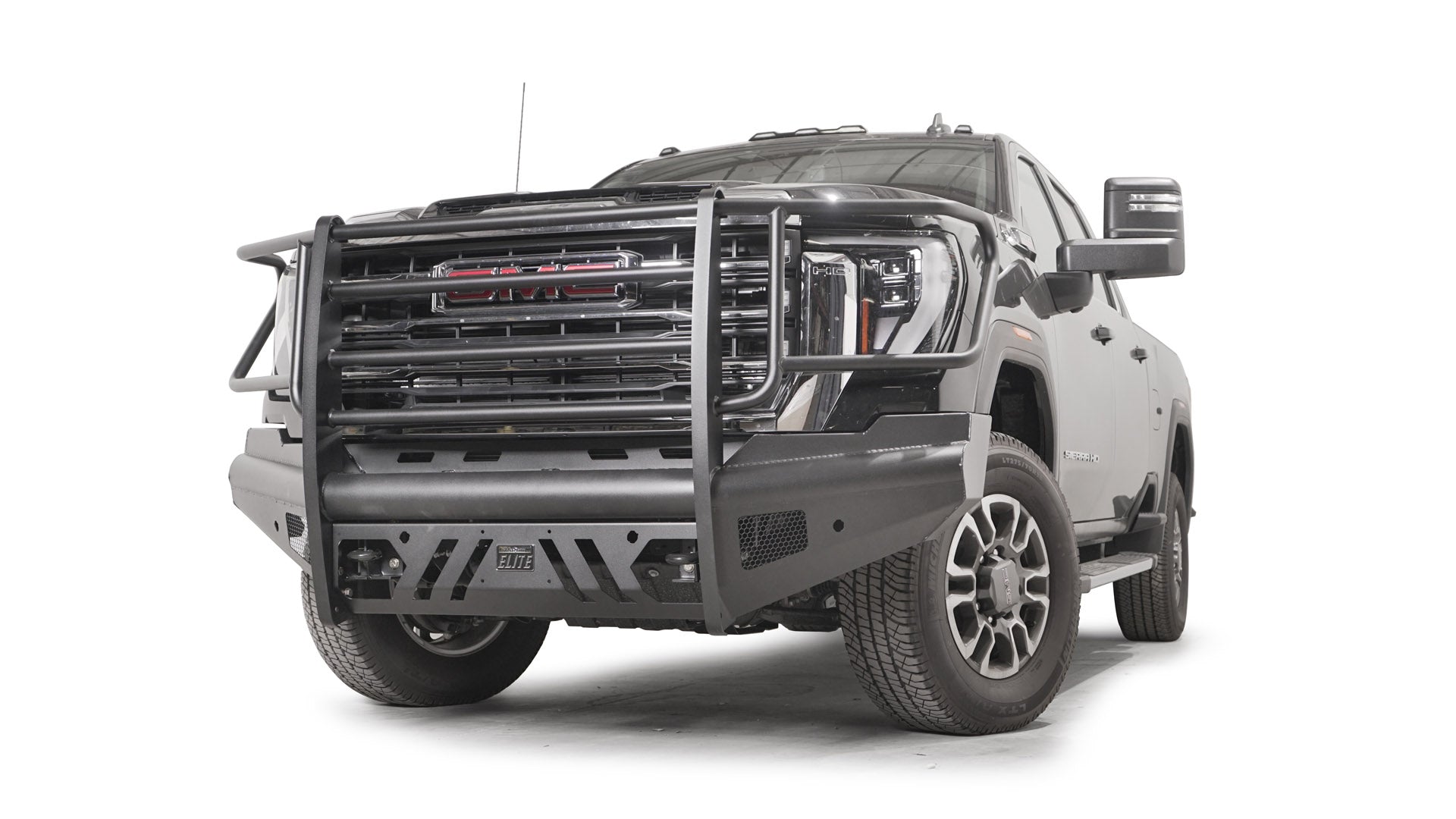 '24+ GMC 2500/3500 Black Steel Elite Front Bumper Display on vehicle 