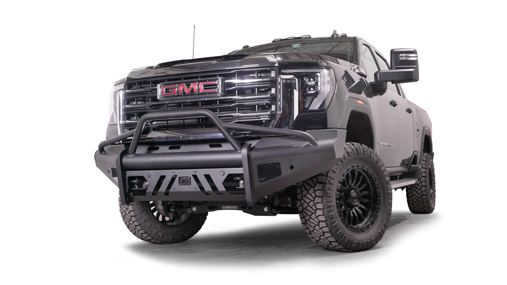 '24+ GMC 2500/3500 Black Steel Elite Front Bumper Display on vehicle 