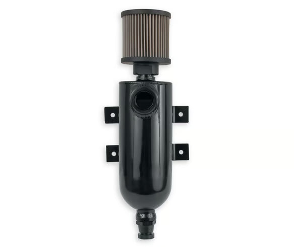 Earl's Black w/ Billet Filter, Drain Valve, -12 AN O-Ring Port (Inlet) & Mounting Brackets. 1/8" NPT on Drain Valve for Optional Remote Outlet Hose Front View Black