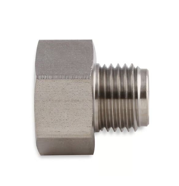 Earl's Hardline Adapter Reducer - Stainless Steel - 1/2"-20 Inverted Flare Male to 9/16"-18 Inverted Flare Female for 3/16" Tubing Front View Silver