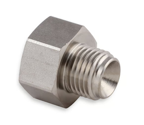 Earl's Hardline Adapter Reducer - Stainless Steel - 1/2"-20 Inverted Flare Male to 9/16"-18 Inverted Flare Female for 3/16" Tubing Front View Silver