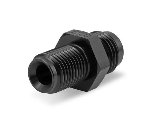 Earl's 1/2"-20 Inverted Flare Male w/ Long Thread to AN -6 Male Adapter Fitting - Black Anodized Aluminum Front View Black