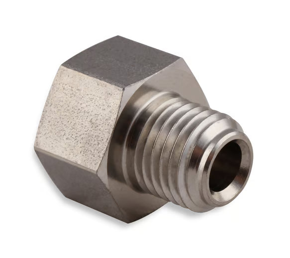 Earl's Hardline Adapter Expander - Stainless Steel - 3/8"-24 Inverted Flare Male for 3/16" Tubing to 7/16"-24 Inverted Flare Female for 1/4" Tubing Front View Silver