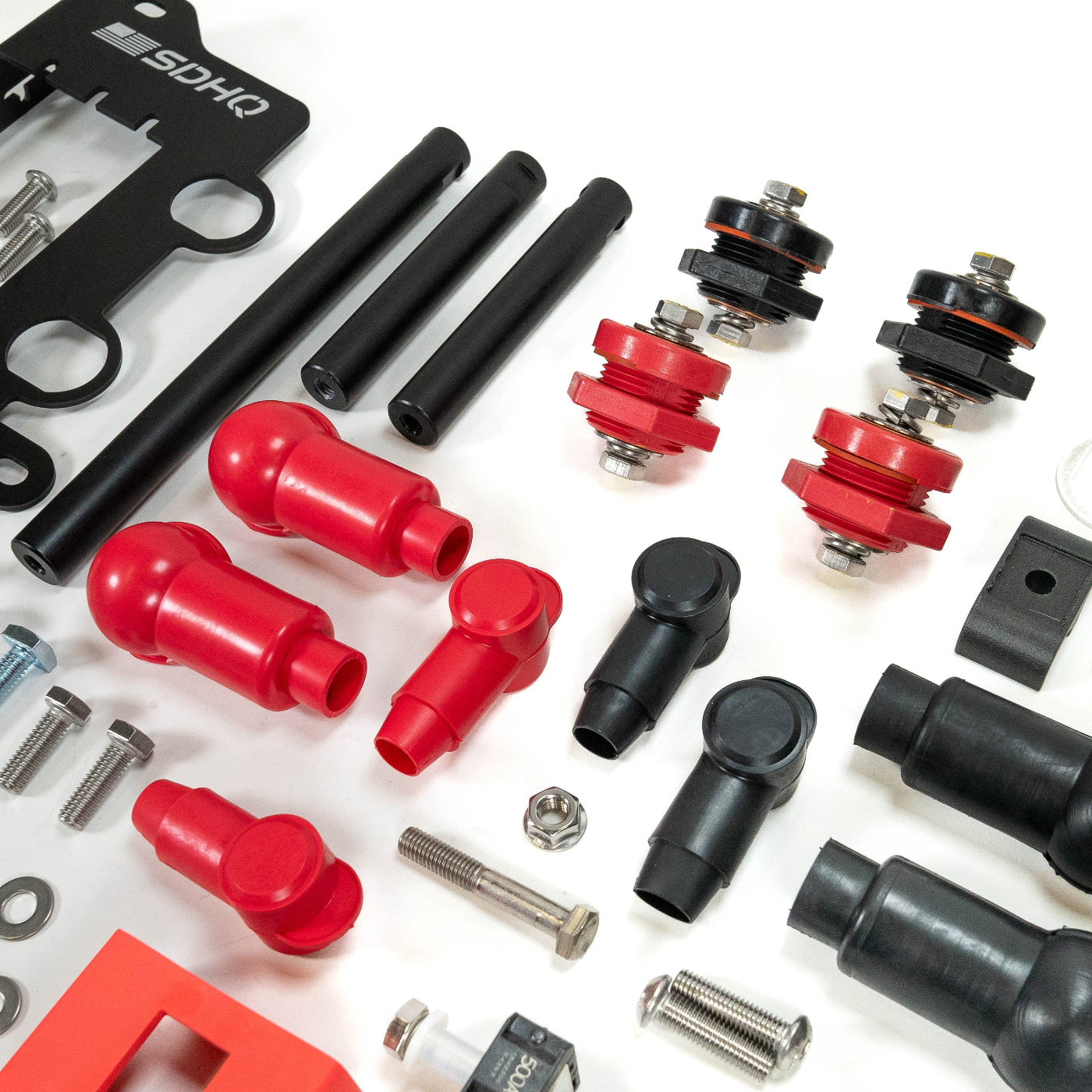 '25+ 4Runner SDHQ Built Under Hood Power Solution Kit display of included parts and hardware - close-up 