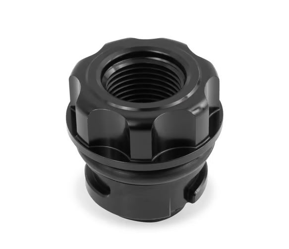 Oil Fill Cap w/ Baffle & -10 ORB Port - Fits Factory Valve Covers - GM LS Series, GM Gen-V LT, and 2011-2017 Ford Coyote Engines (Gen 1 and Gen 2). Front View Black