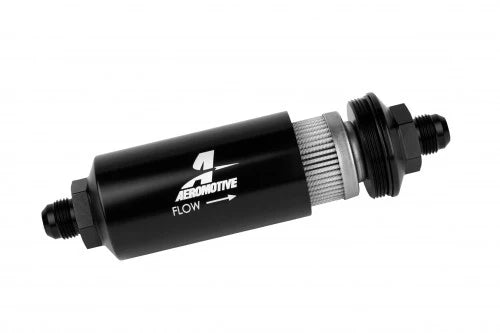 40 Micron Black Fuel Filter with Male AN-08 Ports & Stainless Mesh Element Front View