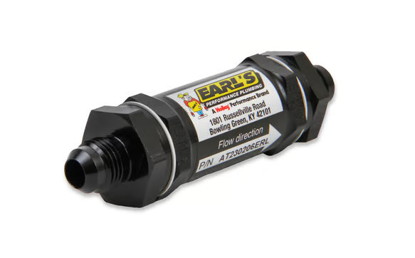 Earl's Fuel Filter w/ Screen Type Element - 85 Micron - 8 AN Male Inlet & Outlet Front View Black