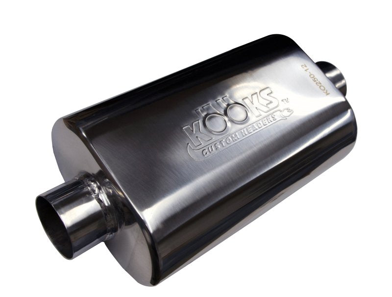 2-1/2" Oval Center/Center Muffler 12" Long Body . Polished Stainless Steel. Front View
