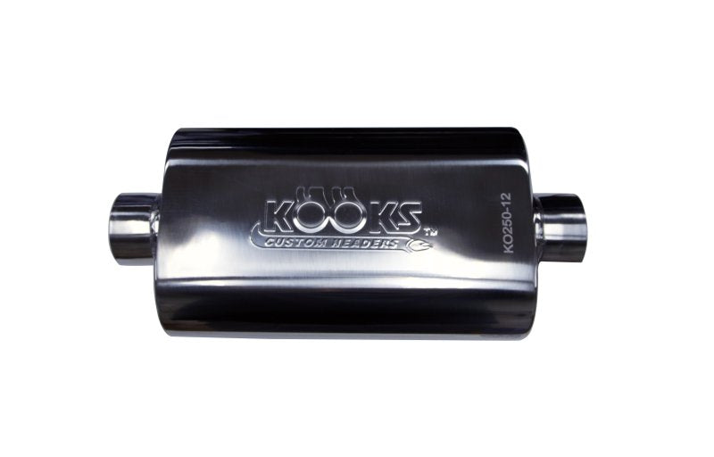 2-1/2" Oval Center/Center Muffler 12" Long Body . Polished Stainless Steel. Front View