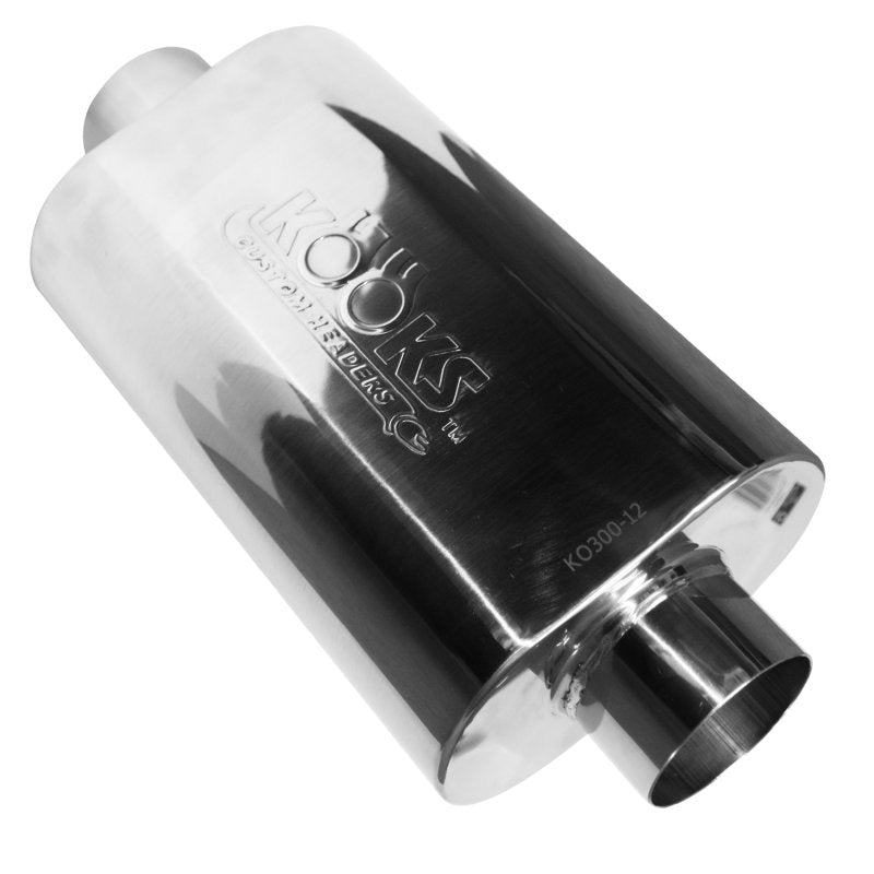 3" Oval Center/Center Muffler 12" Long Body . Polished Stainless Steel. Front View