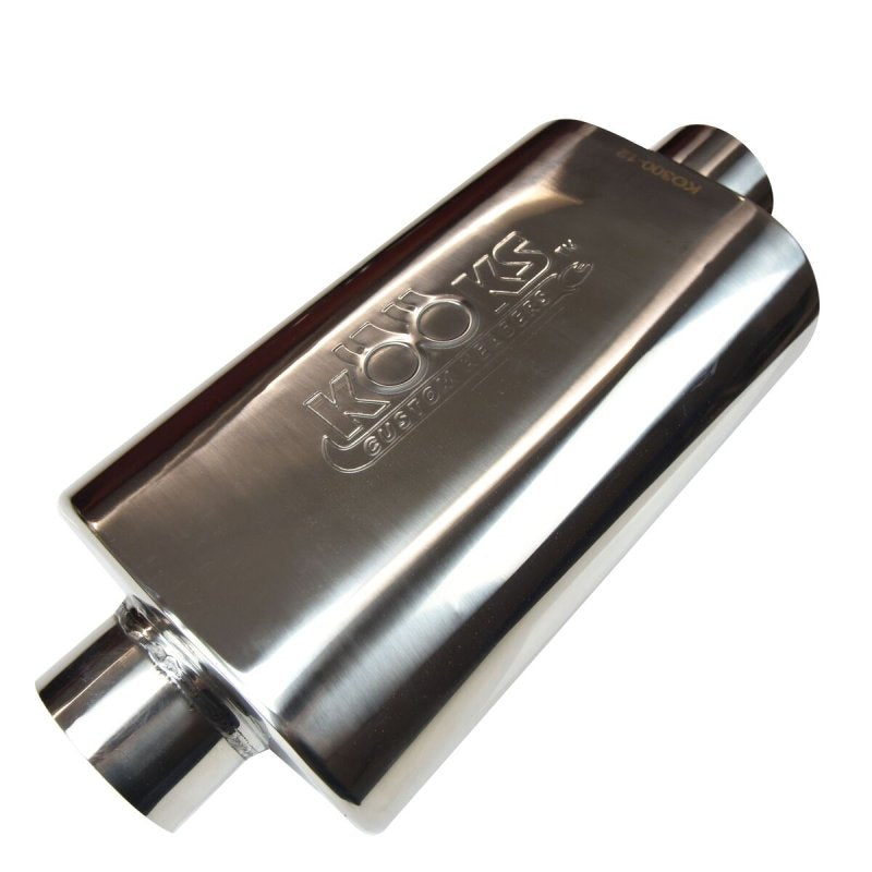 3" Oval Center/Center Muffler 12" Long Body . Polished Stainless Steel. Front View