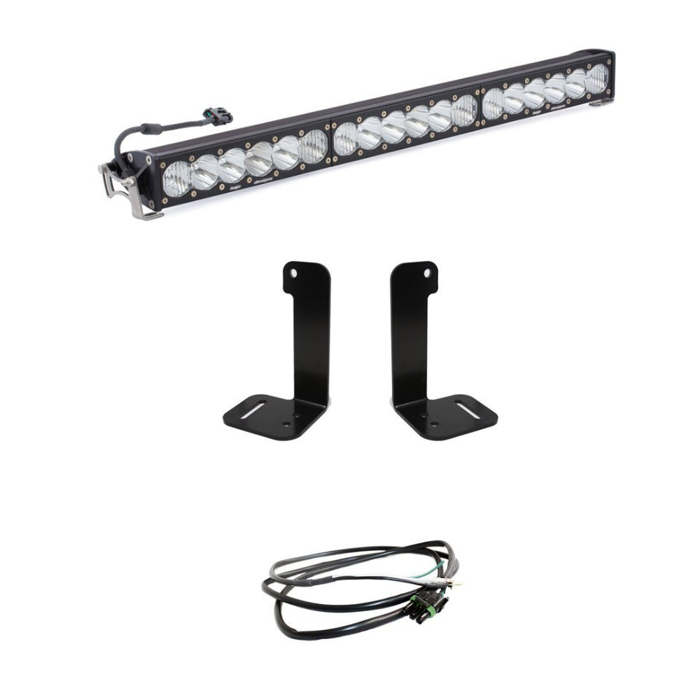 '18-23 Jeep JL Bumper 30" ONX6+ LED Light Kit Lighting Baja Designs Display of Included Parts 