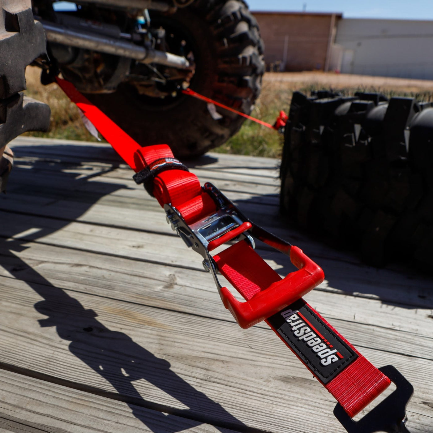 2" x 10' Ratchet Tie Down w/ Twisted Snap Hooks & Axle Strap Combo (Red) Speedstrap display