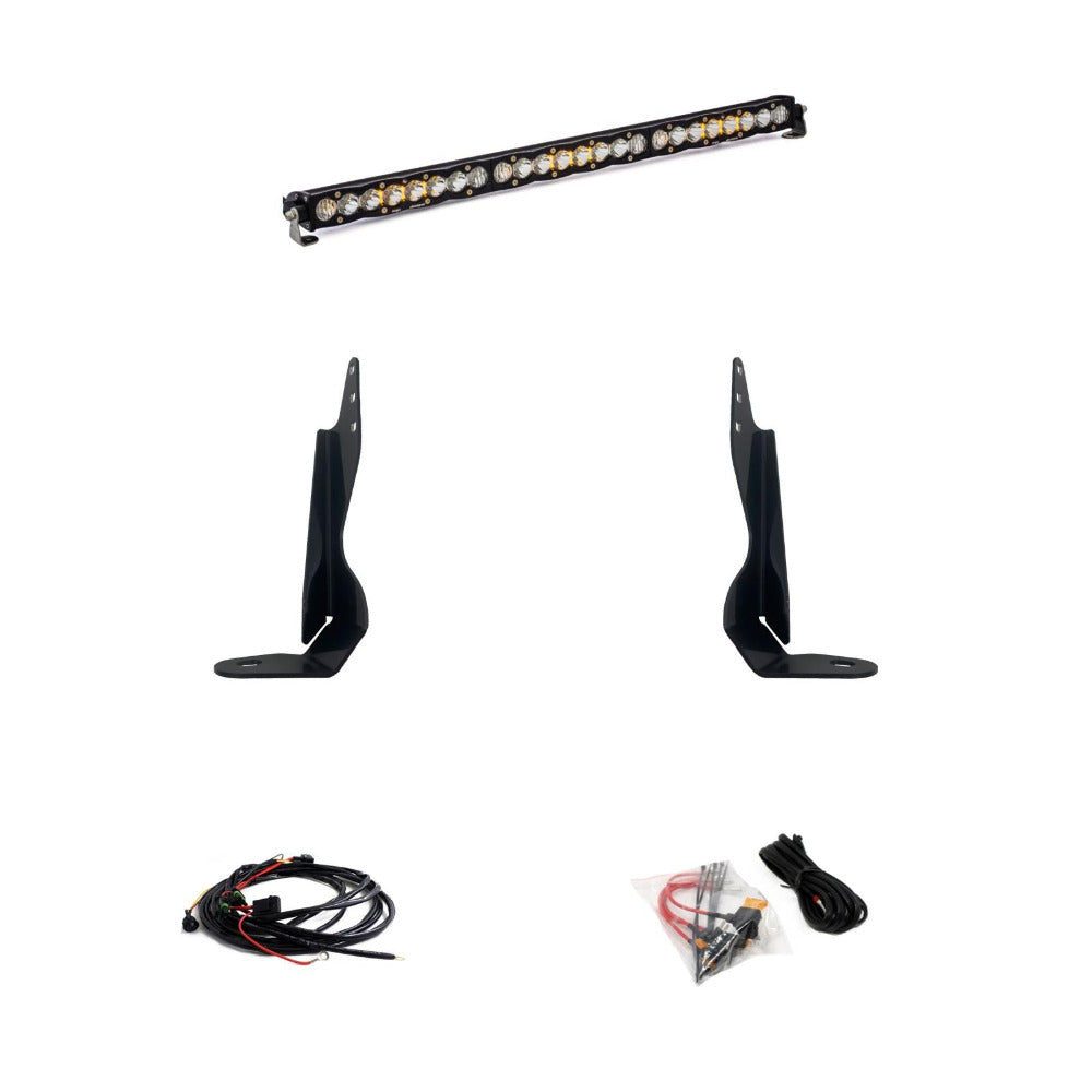 '20-22 Chevy/GMC 2500/3500 Baja Designs 30" S8 Behind the Grille LED Light Bar Kit Display of Included Parts 