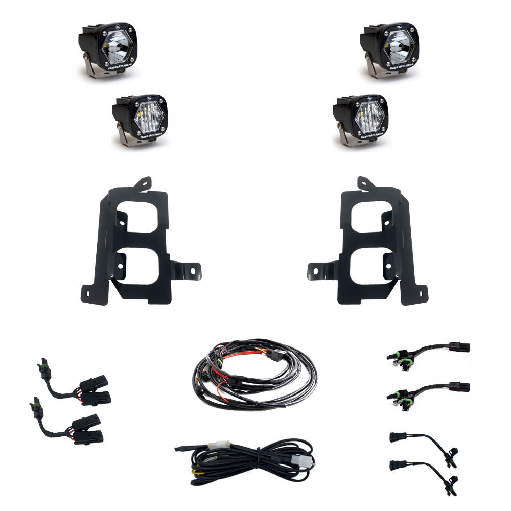 '19-22 GMC Sierra 1500 Baja Designs Dual S1 Fog Light Pocket Kit Display of Included Parts 